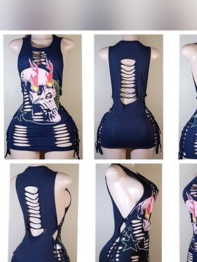 Blue Custom Distressed Skull Cutout Mini Tank Dress